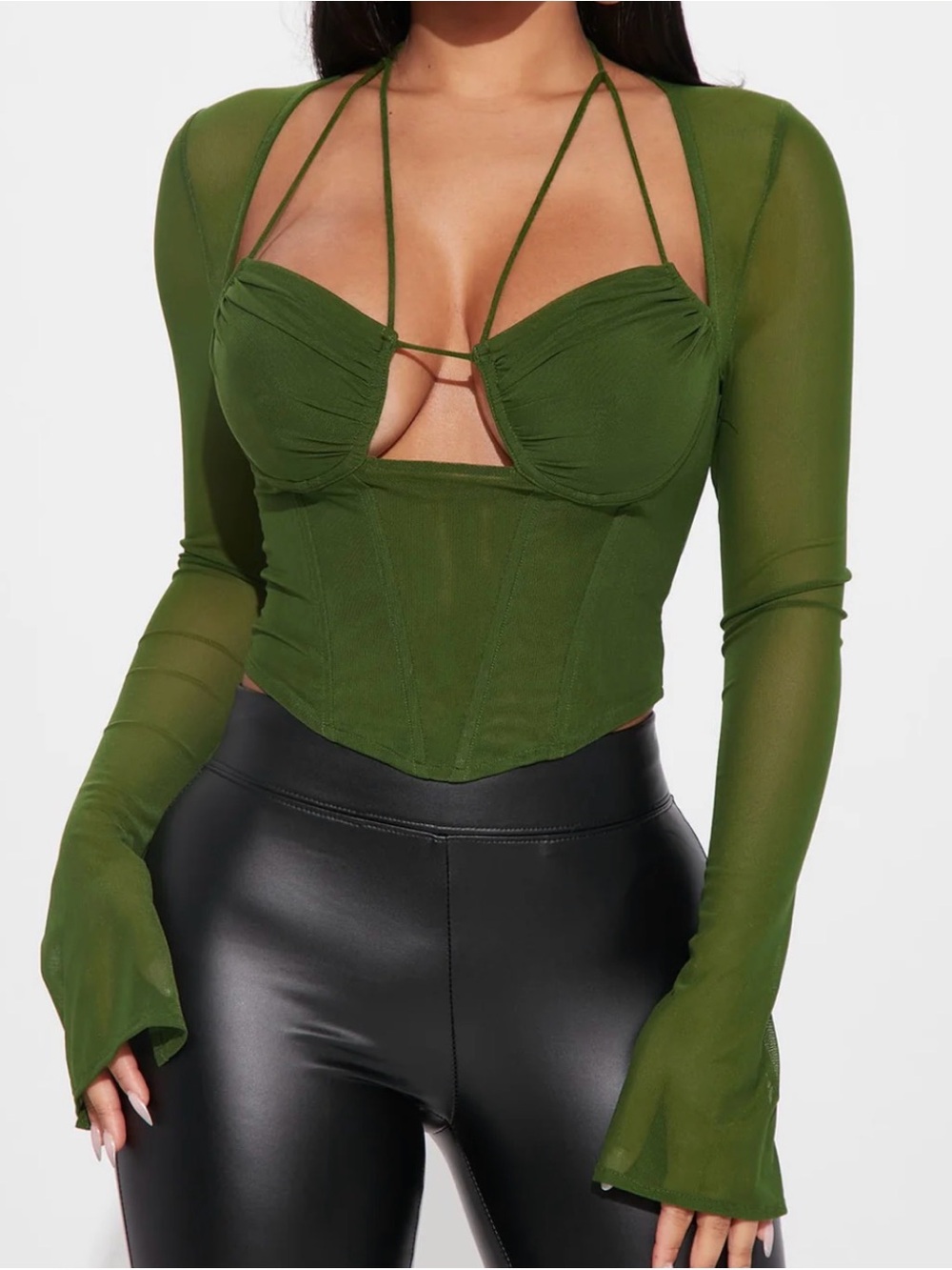 Fashion Nova Olive Green Strappy Mesh Corset Top